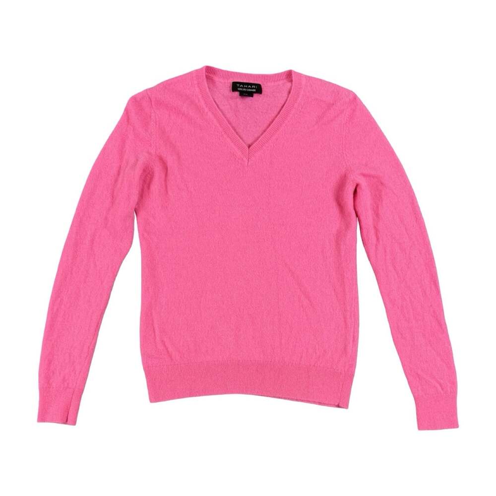Women’s Tahari Pink 100% Cashmere Knit V-Neck Long Sleeve Pullover Sweater M